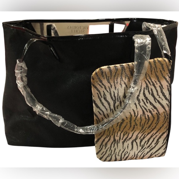 VICTORIA’S SECRET N.W.T. Shoulder,/Tote Black Bag 19” X 11” Tiger Pouch 8”X6”NEW - Picture 6 of 14